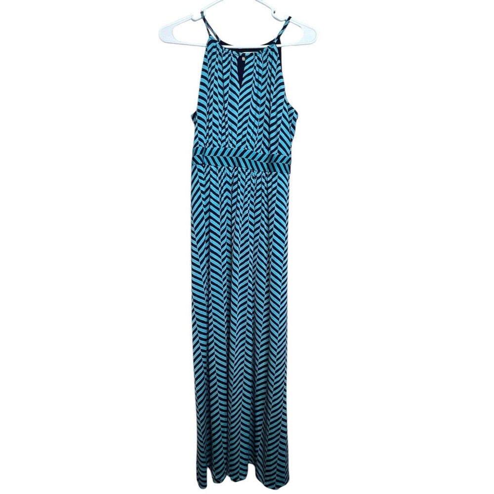 Loft Two Tone Blue Chevron Print Halter Neck Sleeveless Maxi Dress Size MP